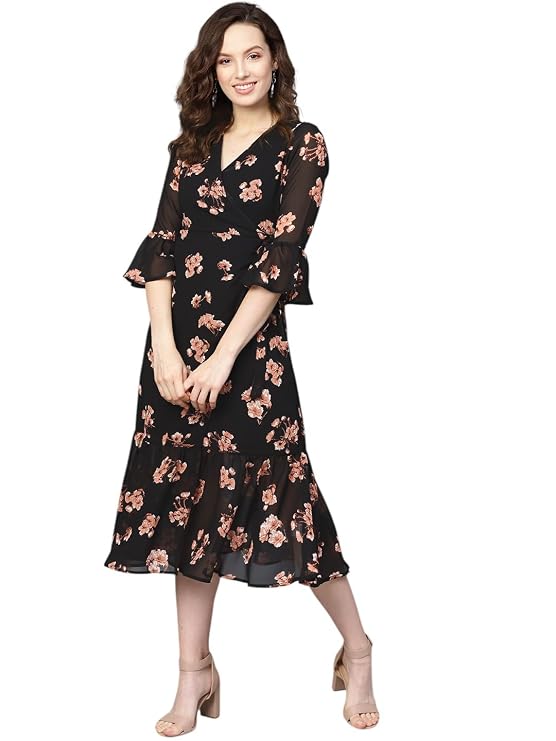Women Floral Wrap Tie Dress